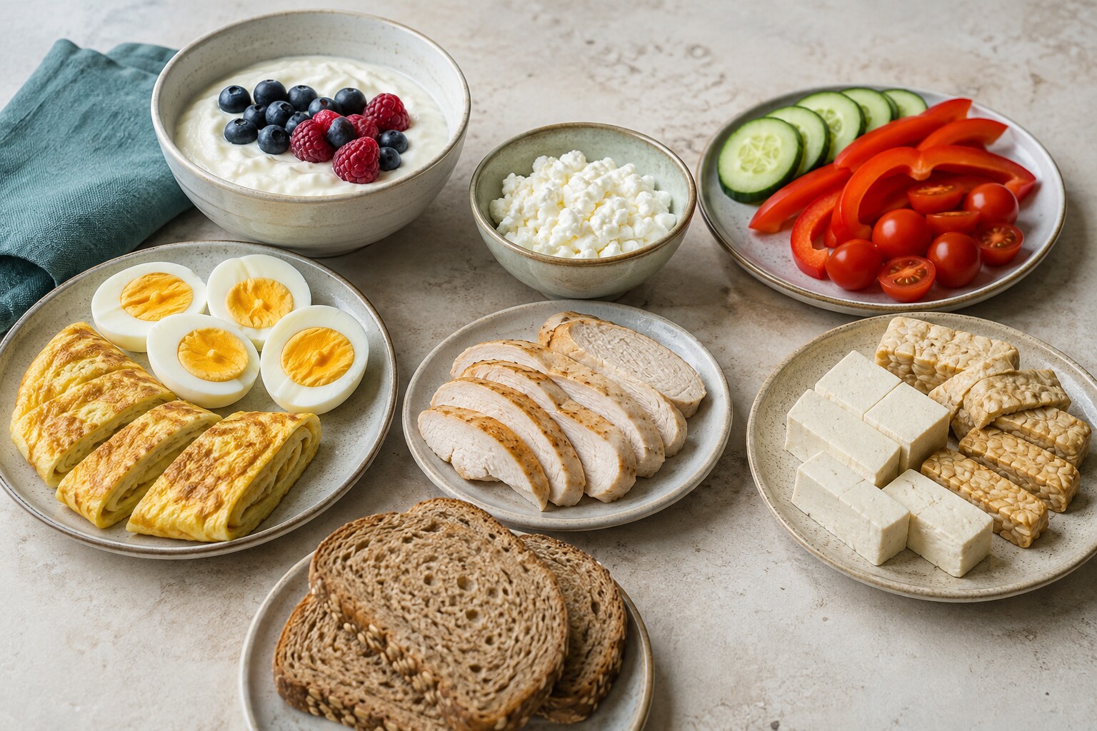 Kwark, hüttenkäse, eieren, kip, tofu, volkorenbrood en groente als herkenbare eiwitrijke bouwstenen.
